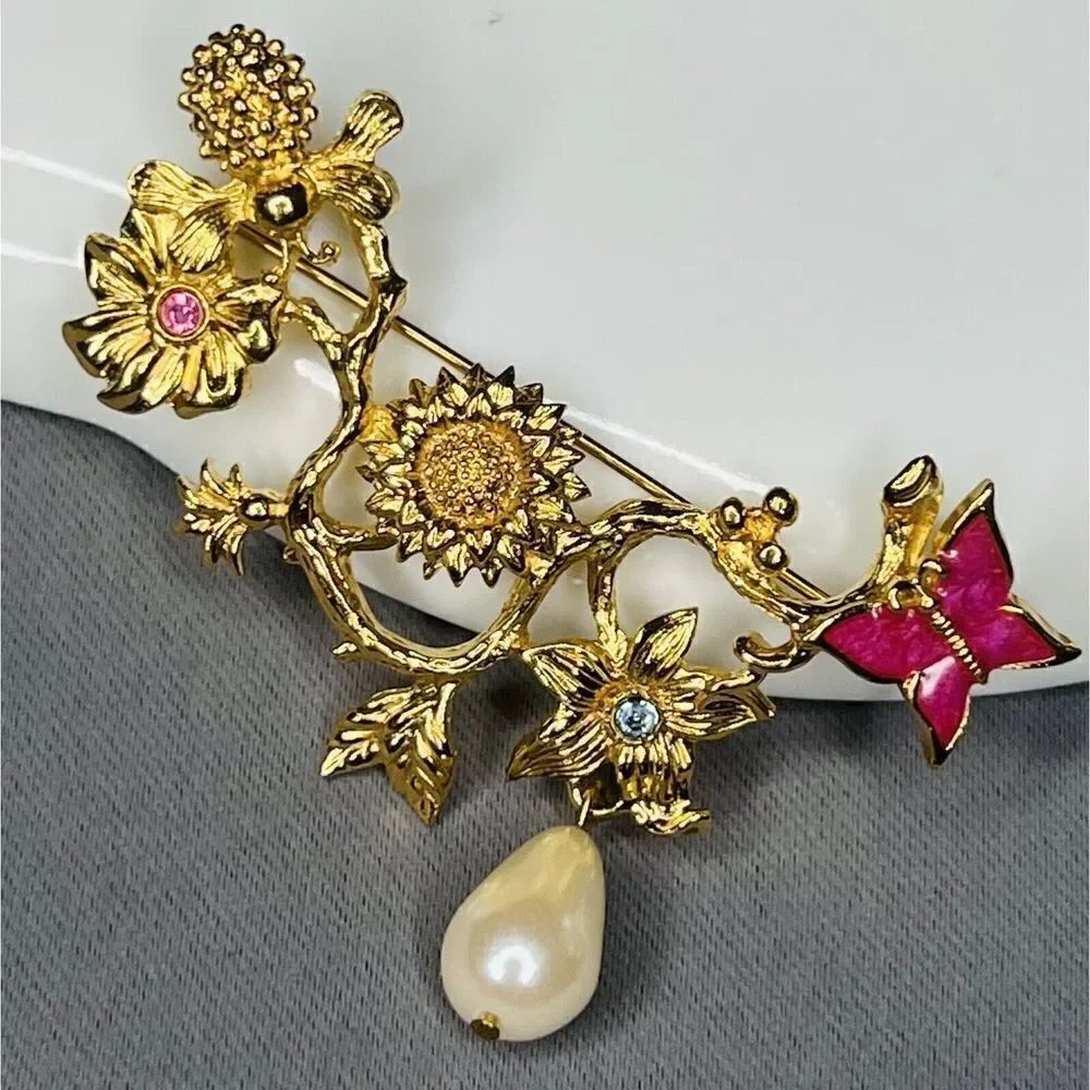 Vintage Avon Brooch Enamel Butterfly Faux Pearl Dangle Gold Tone Bee Flowers